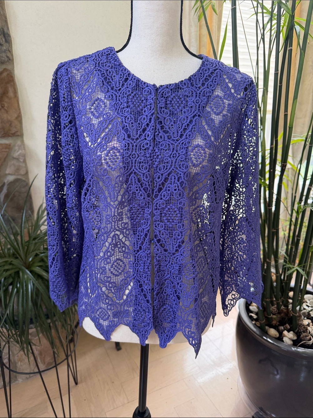 Susan Graver Royal Purple Crochet Lace Openwork Blouse